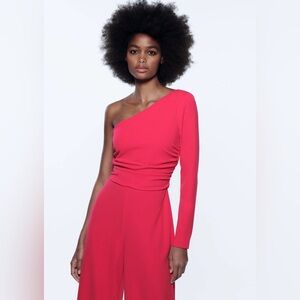 Zara hot pink asymmetrical jumpsuit